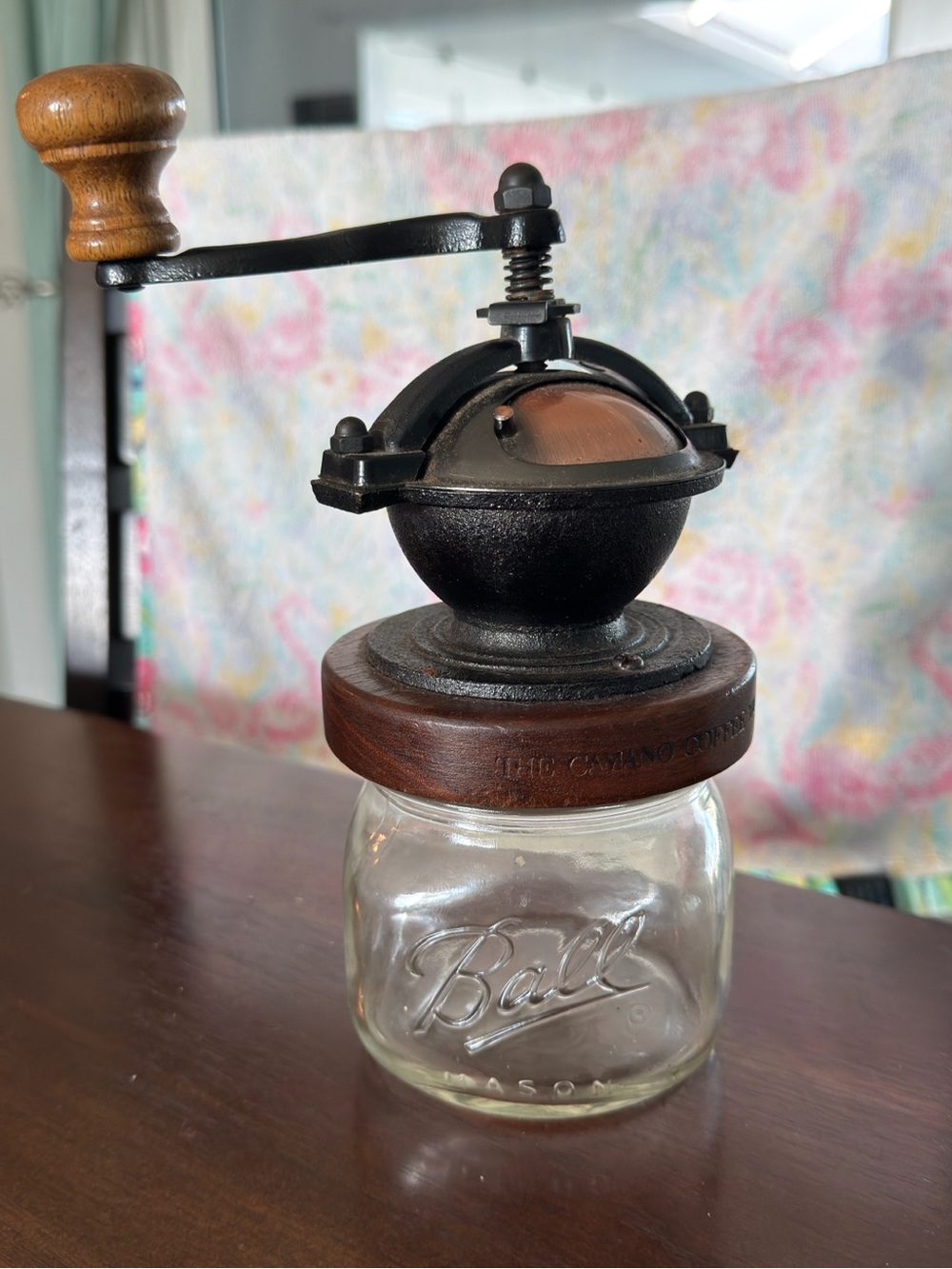 Glass Jar Coffee Grinder with Black Cast Iron and Wood Top
